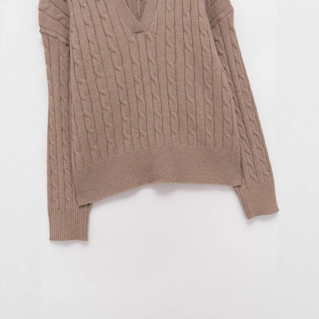 Damen Grobstrick Pullover mit V-Ausschnitt und Reverskragen Fudus