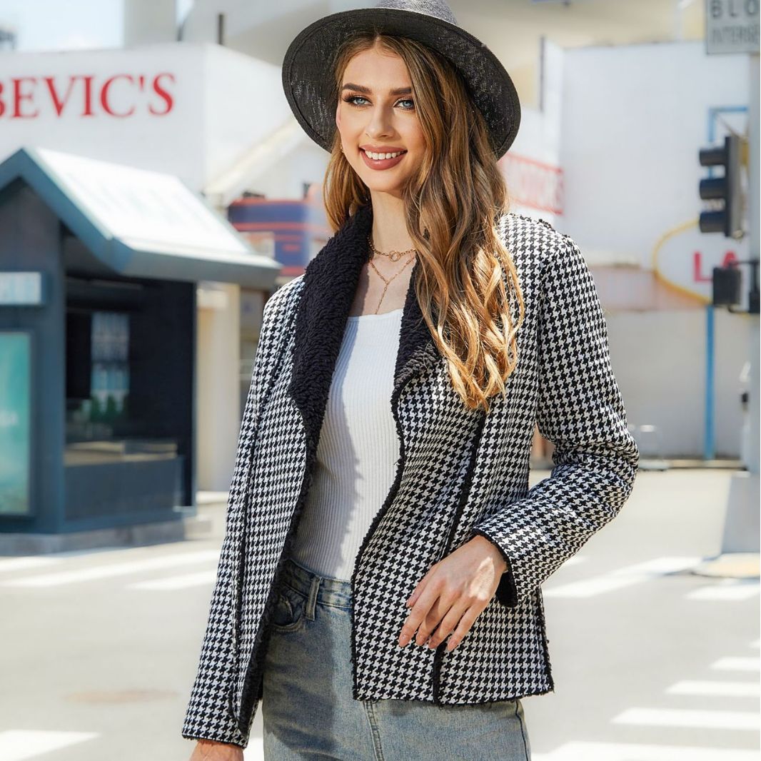 Damen Karierte Fleecejacke mit modernem Schalkragen und großen Eingrifftaschen Fudus