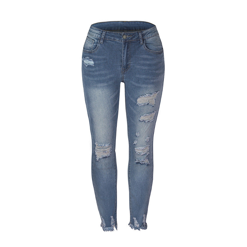 Damen Modische Ripped Jeans Mit Fransigem Saum