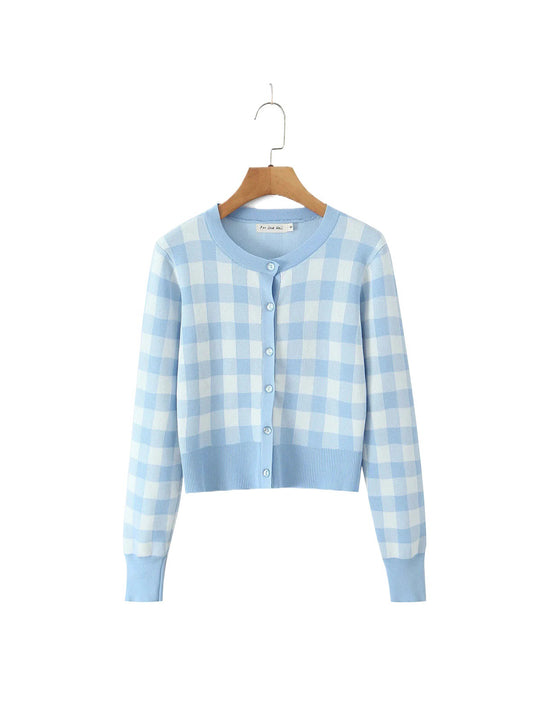 Damen modischer karierten Strickjacke mit Rundhalsausschnitt und Knopfverschluss Fudus