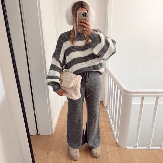 Damen modischer Cropped Pullover mit einzigartigem Streifenmuster und weit geschnittenen Ärmeln Fudus