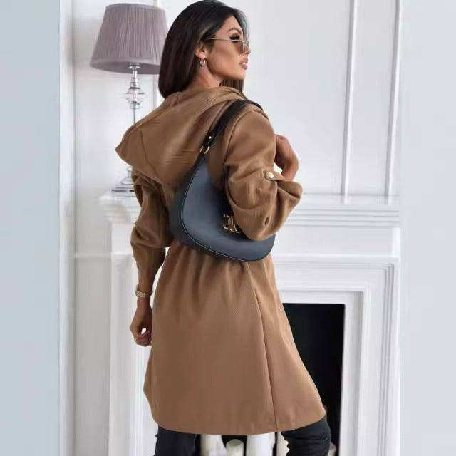 Damen Hüftlanger Stoffmantel mit Kapuze und Taillengürtel Fudus