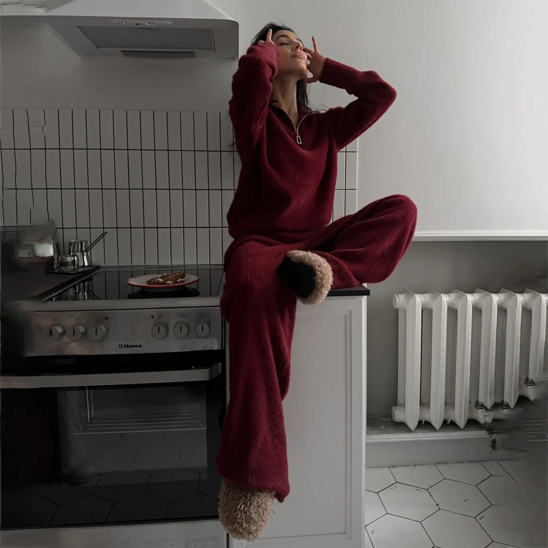 Damen kuscheliger Sweatanzug mit hohem Kragen und seitlichen Einschubtaschen Fudus