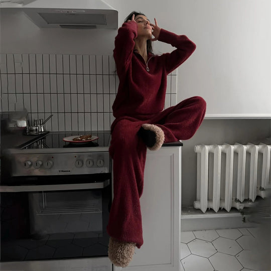 Damen kuscheliger Sweatanzug mit hohem Kragen und seitlichen Einschubtaschen Fudus