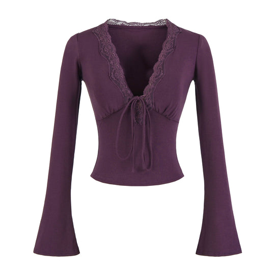 Damen langärmliges Oberteil mit Rüschendetails und eleganter Schnürung Fudus