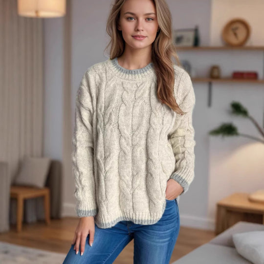 Damen Grobstrickpullover mit einzigartigem Zopfmuster und lässigem Schnitt Fudus