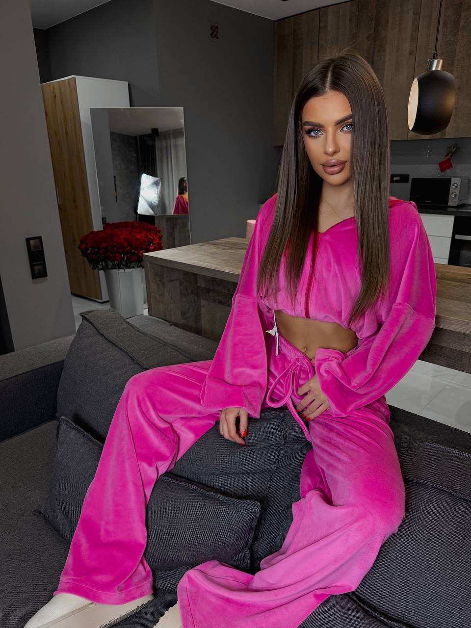 Damen kuscheliges Velours-Loungewear-Set mit weitem Schnitt Fudus