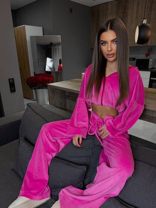 Damen kuscheliges Velours-Loungewear-Set mit weitem Schnitt Fudus