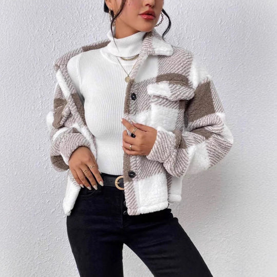 Damen kuschelige Karo-Jacke Fudus