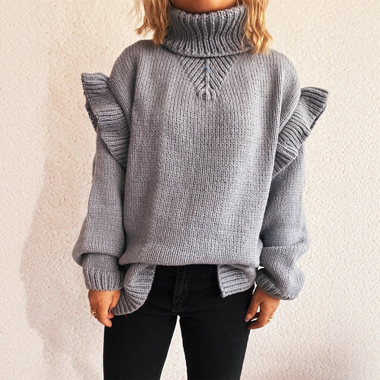 Damen kuscheliger Strickpullover mit Rüschenärmeln und hohem Kragen Fudus