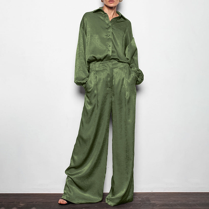 Damen Satin Blusen Und Hosen Set Mit Weitem Schnitt Und Modernen Details