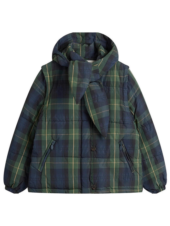 Damen Kurze Karierte Baumwolljacke mit Abnehmbarer Kapuze