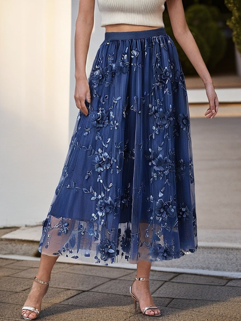 Damen Eleganter Tüllrock mit floralen Stickereien und elastischem Bund Fudus