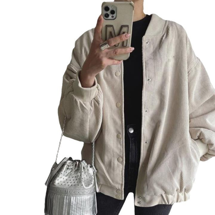 Damen lässige Cordjacke mit Druckknopfverschluss und elastischen Bündchen Fudus