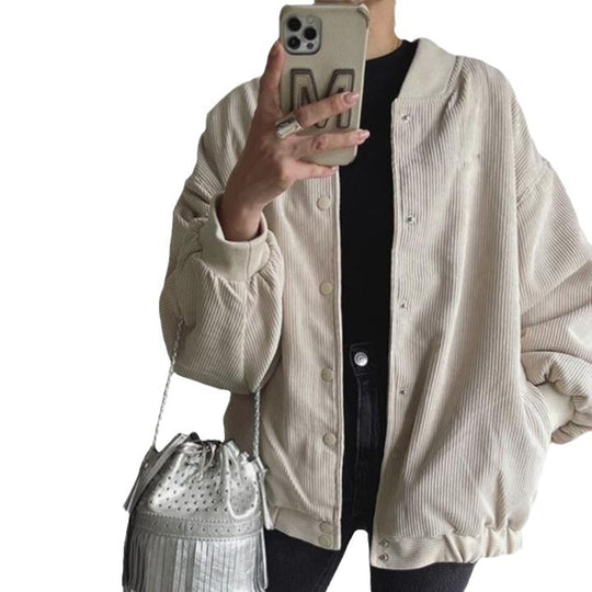 Damen lässige Cordjacke mit Druckknopfverschluss und elastischen Bündchen Fudus