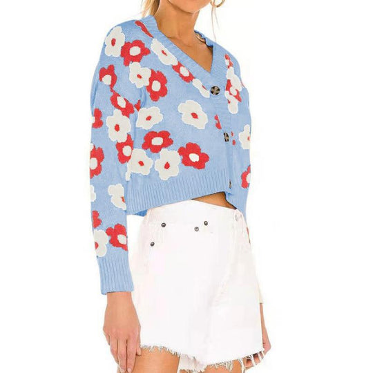 Damen Kurzgeschnittener Strickpullover mit floralem Muster Fudus