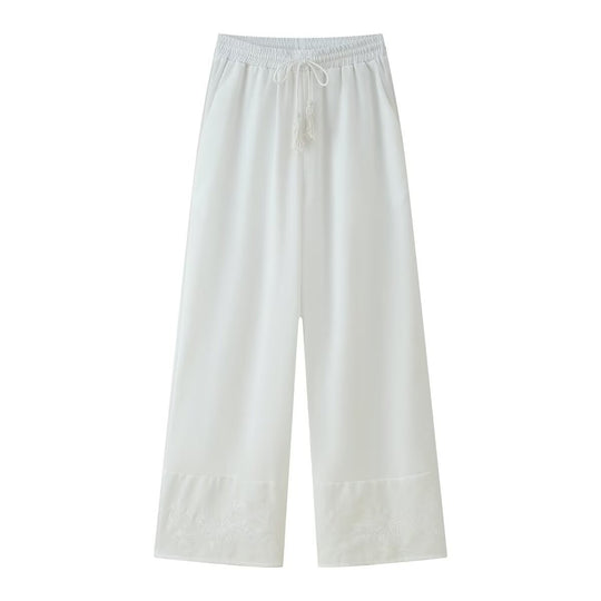 Damen komfortable Palazzo-Hose mit elastischem Bund und dezenter Stickerei Fudus