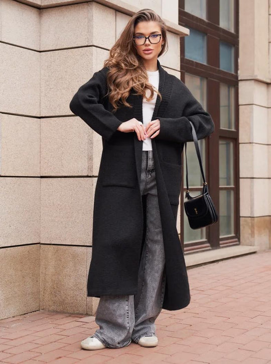 Damen Langstrickcardigan mit offenen Kanten und tiefen Taschen Fudus