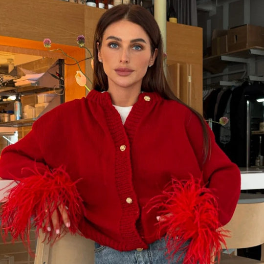 Damen lässige Strickjacke mit dekorativen Fransen und hochwertigen Knöpfen Fudus