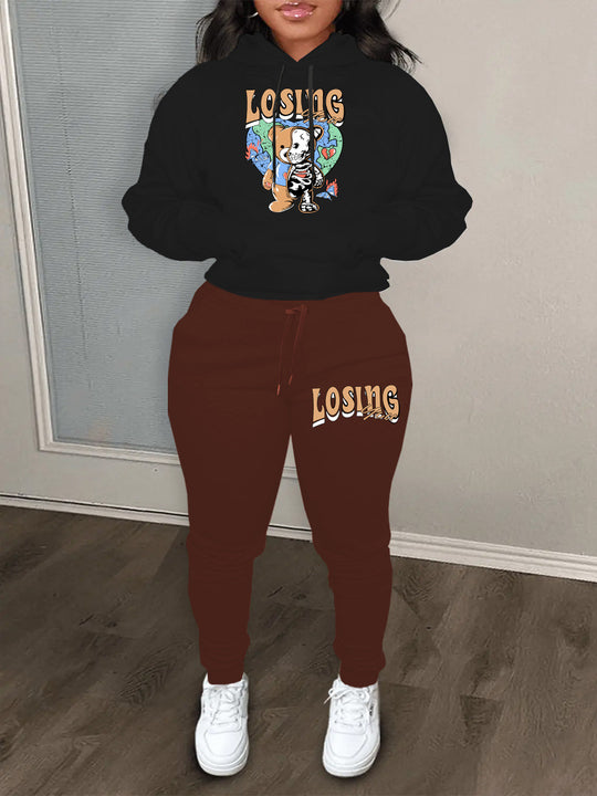 Damen Hoodie und Jogginghose Set mit kreativem Bärenmotiv und modernem Schnitt Fudus