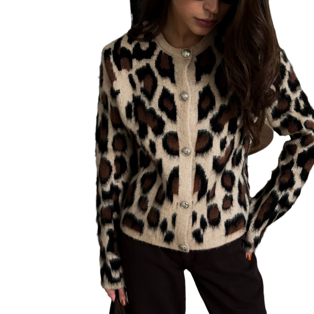 Damen kuschelige Leopardenmuster Strickjacke mit eleganten Knöpfen Fudus