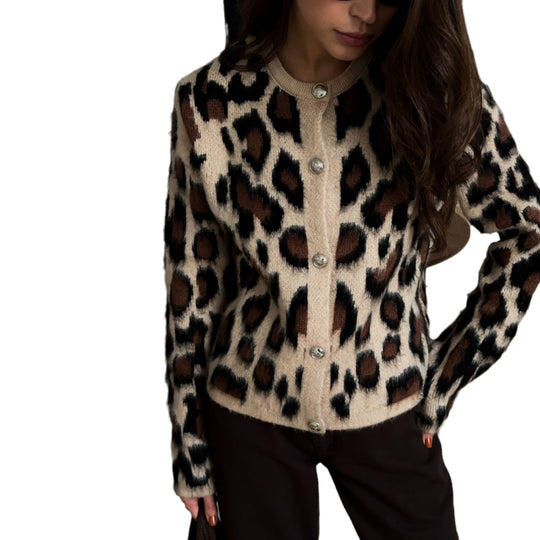 Damen kuschelige Leopardenmuster Strickjacke mit eleganten Knöpfen Fudus