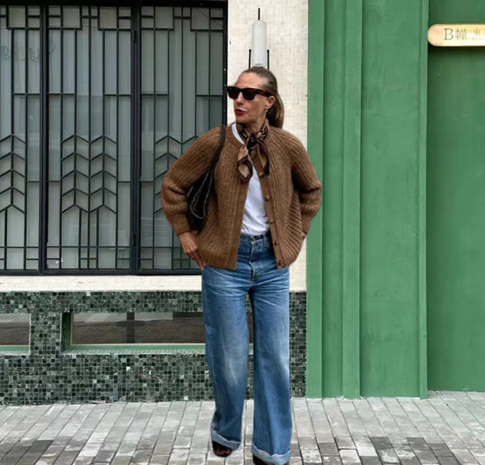 Damen Grobstrickjacke mit Knöpfen und modernem Schnitt Fudus