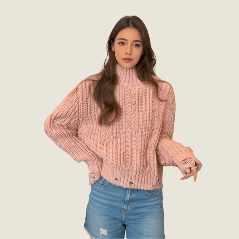 Damen Grobstrickpullover mit hohem Kragen und strukturiertem Design Fudus