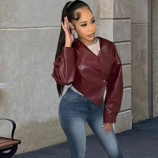 Damen Kunstlederjacke mit asymmetrischem Schnitt und modernen Details Fudus