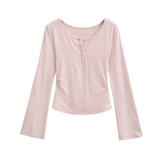 Damen langärmliges Oberteil mit dekorativen Knöpfen Fudus