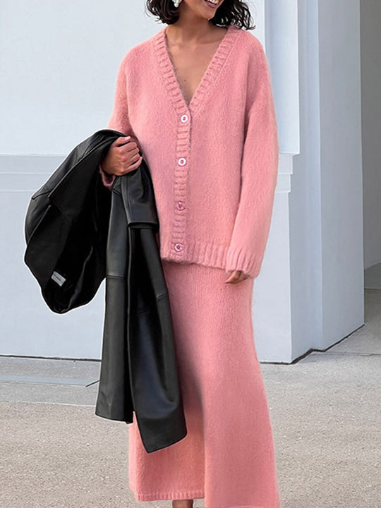 Damen kuschelige Strickjacke und Wadenlanger Rock Set Fudus