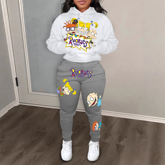 Damen Hoodie und Jogginghose Set mit farbenfrohen Cartoon-Motiven Fudus