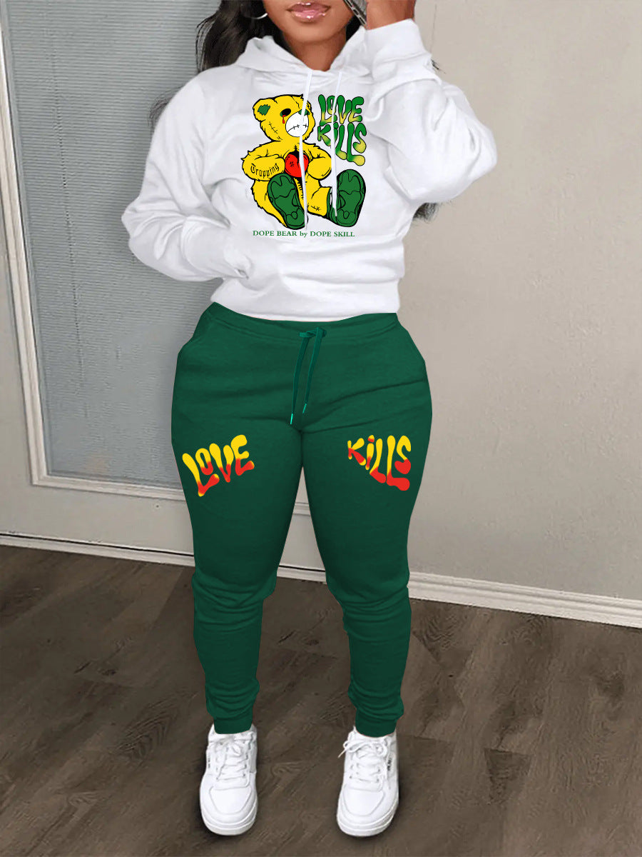 Damen Hoodie und Jogginghose Set mit kreativem Bärenmotiv und auffälligem Schriftzug Fudus