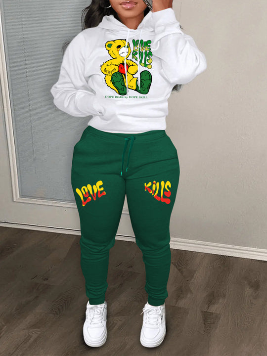 Damen Hoodie und Jogginghose Set mit kreativem Bärenmotiv und auffälligem Schriftzug Fudus