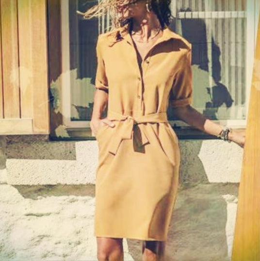 Damen Hemdblusenkleid mit Bindegürtel