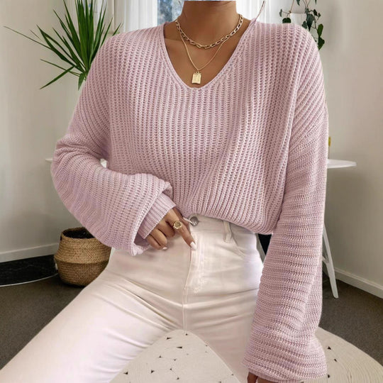 Damen Grobstrickpullover mit tiefem V-Ausschnitt und lässigen Ärmeln Fudus
