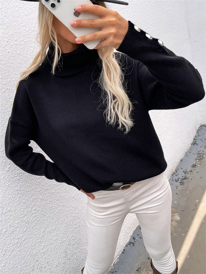 Damen Rollkragenpullover mit gestreiftem Design und dekorativen Knöpfen Fudus