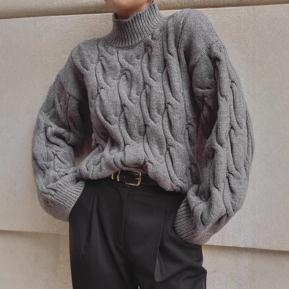 Damen Grobstrickpullover mit einem hohen Kragen und romantischem Zopfdesign Fudus