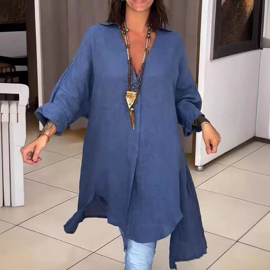 Damen lässige Leinenbluse mit langem Schnitt und Knopfleiste Fudus