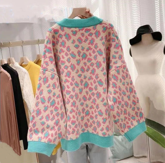 Damen Grobstrick Cardigan mit Leopardenmuster und großem V-Ausschnitt Fudus