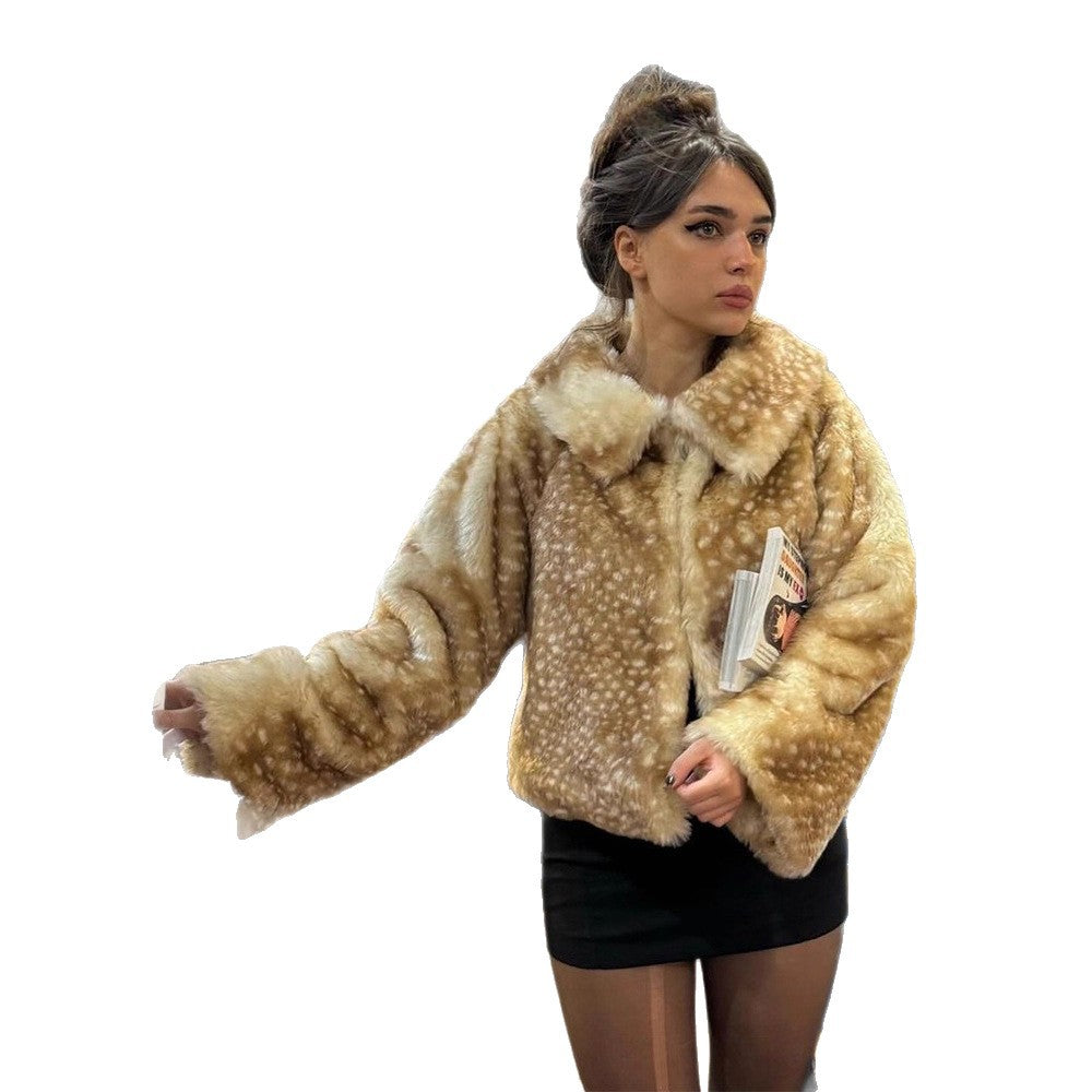 Damen Kunstfelljacke mit weitem Kragen und eleganten Rüschen Fudus