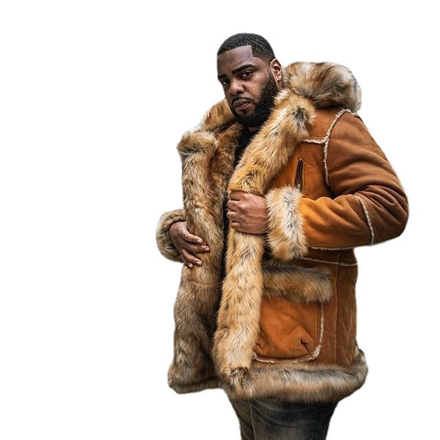 Herren luxuriöse Lammfelljacke mit stilvollem Kunstfellkragen Fudus