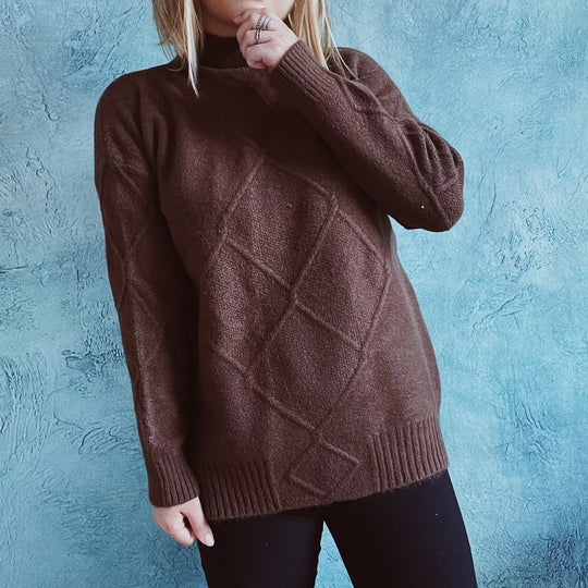 Damen Grobstrickpullover mit elegantem Rautenmuster und hohem Kragen Fudus