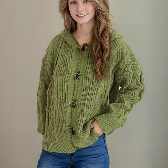 Damen Grobstrickjacke mit Kapuze und Zopfmuster Fudus