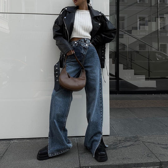 Damen lässige High-Waist Jeans mit seitlichen Schlitzen Fudus