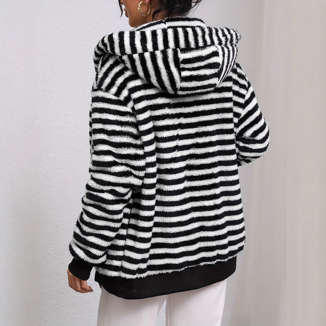 Damen kuschelige Fleecejacke mit gestreiftem Muster und praktischen Taschen Fudus