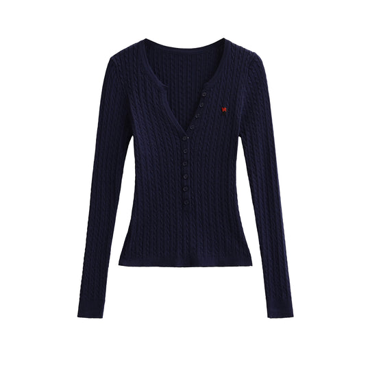 Damen Langarm Strickoberteil mit Knopfleiste und feinem Rippmuster Fudus