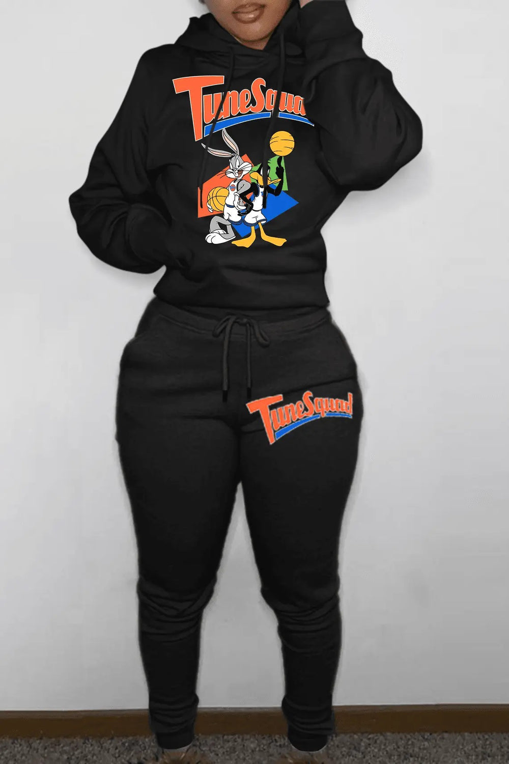 Damen Hoodie- und Jogginghose-Set mit energischem Cartoon-Motiv Fudus