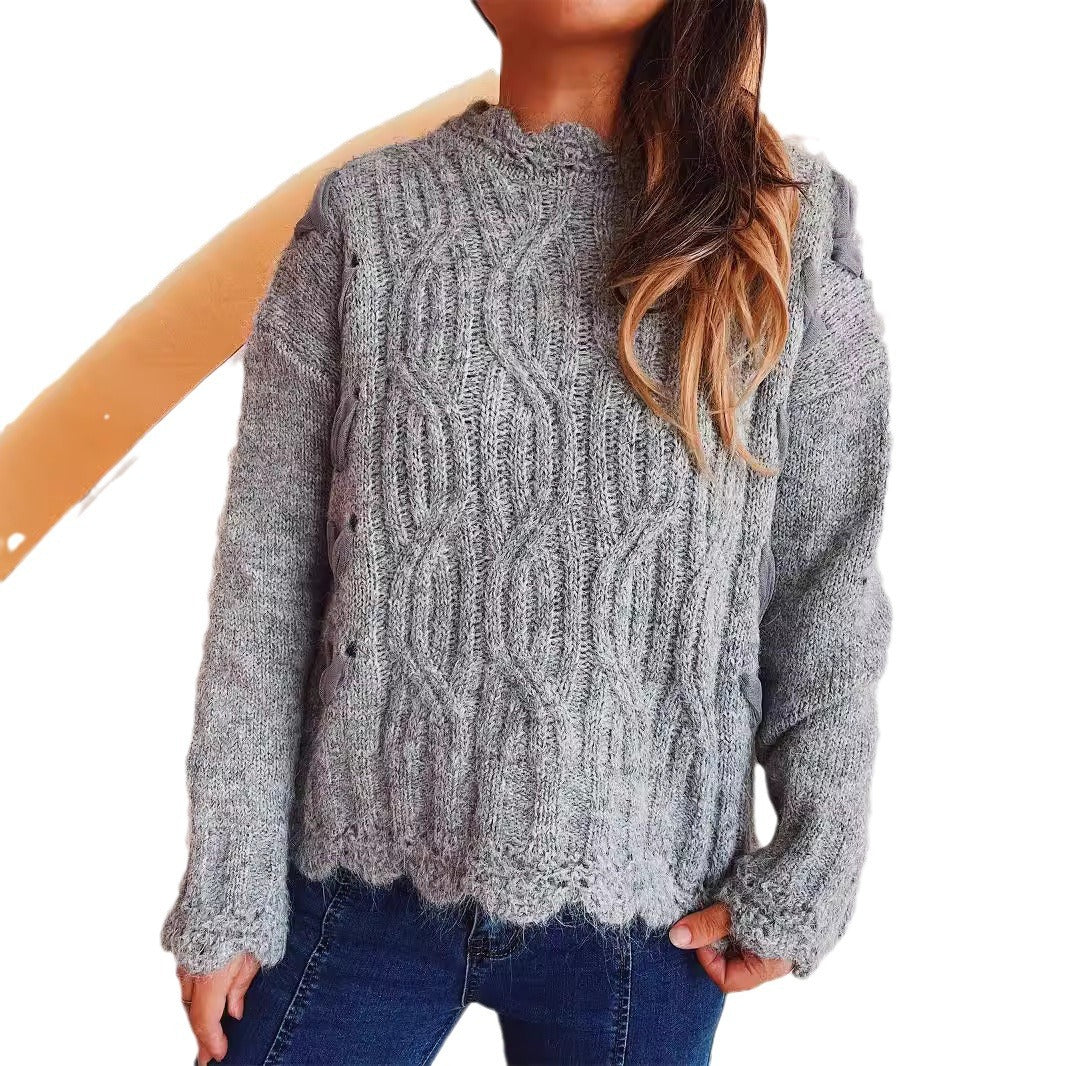 Damen Grobstrickpullover mit romantischem Wellenmuster und volumetrischen Ärmeln Fudus