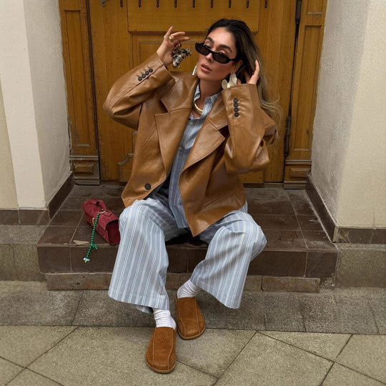 Damen kurze Lederjacke im stilvollen Blazer-Look Fudus